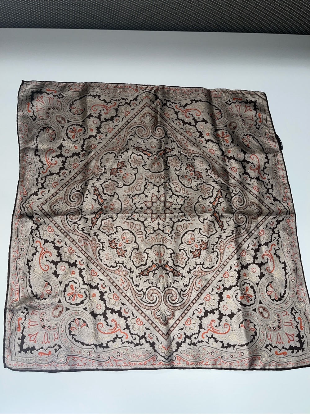 Source Unknown Taupe and Coral Paisley Square Silk Scarf